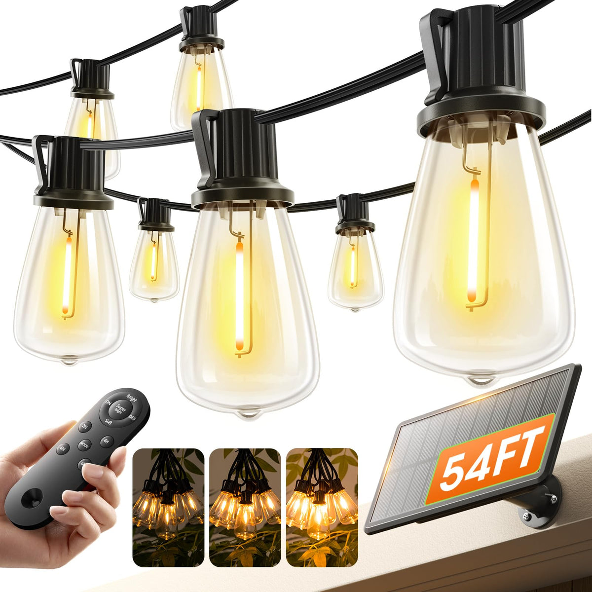 KYY 54FT Solar String Lights Outdoor Waterproof with USB Charging & Remote