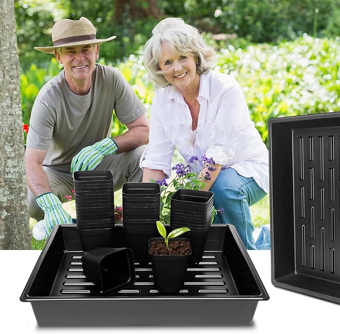 3.5 inch (9CM) Square Nursery Pots 60pcs, Sturdy Seedlings Trays 5 Pcs, Seeds Starter Germination Tray, Microgreenings Planter Nursery Propagation 5 Sets