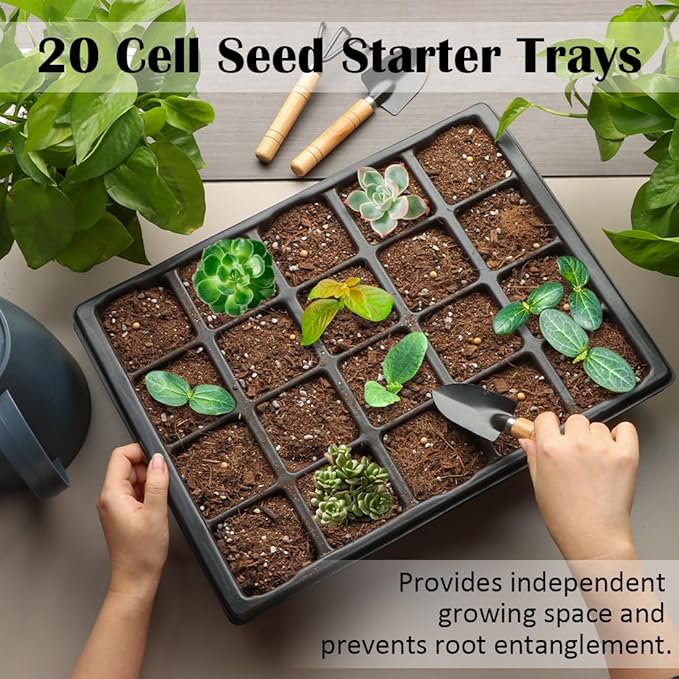 10 Pack 2.5 inch Square Pots 3.5 inch Deep 20 Cell Seedling Plug Trays with Water Collection Nursery Trays (15"x11"x3") for Seeds Starting and Transplanting
