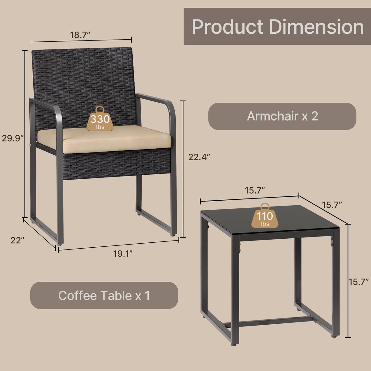 Gizoon 3 Pieces Patio Furniture Sets, Cushion-Beige