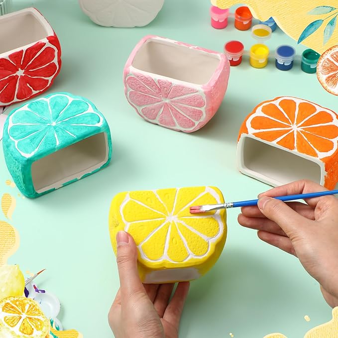 Pasimy 6 Set Ceramics to Paint DIY Ceramic Succulent Planter Pots Paint Your Own Flower Pots Craft Kit Unpainted Bisque Flowerpot with Brush Palette for Family Activity Holiday Gifts(Orange)