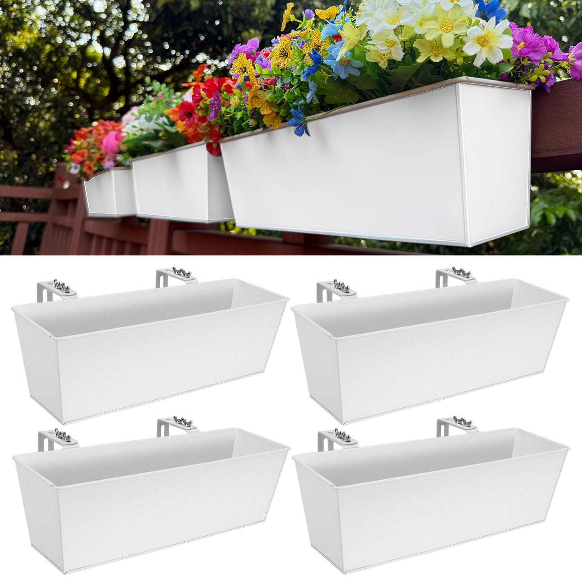 JFMAMJ Metal Railing Planter, 16 Inch Rectangular Window Box with Adjustable Brackets, Drainage Holes, for Balcony Deck, 4 Pack (White, Rectangular)