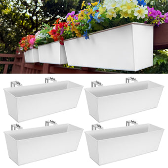 JFMAMJ Metal Railing Planter, 16 Inch Rectangular Window Box with Adjustable Brackets, Drainage Holes, for Balcony Deck, 4 Pack (White, Rectangular)