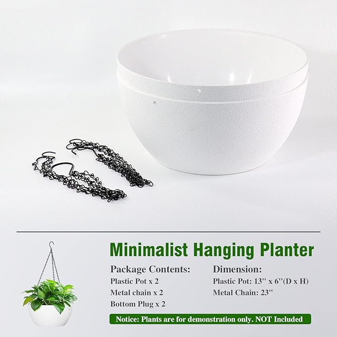 WOUSIWER 13 inch 2Pack Large Hanging Planters for Outdoor Indoor Plants with Drainage Holes and Chain, Round Hanging Flower Pots for Garden Home Porch Decor, White