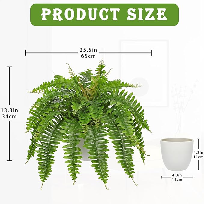 Hollyone Artificial Fern Plants in White Pot 25.5" Medium Artificial Boston Fern 31 Leaves for Outdoors & Indoor Faux Potted Plants Fake Ferns Bush Plant Patio Garden Farmhouse Porch Home Decor Green