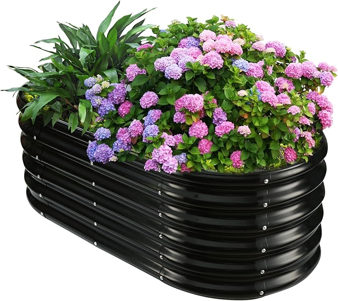 17" Tall Outdoor Garden Raised Garden Bed Kits, 4ft X 2ft Oval,0.8MM Thick Metal Raised Planter Bed/Ground Planter Box for Variety of Flowers,Herbs,Vegetables (Black, 48X24X16.5 Inches)