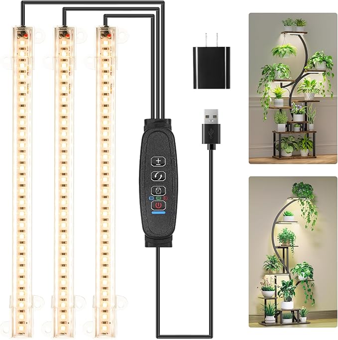 LED Grow Light Strips, Grow Lights for Indoor Plants Full Spectrum 3000K, 78 LEDs Plant Light with 3/9/12H Timer, 10 Dimmable Levels for Seedling Succulent and Plant Shelf, 3 Head 8.6 Inches