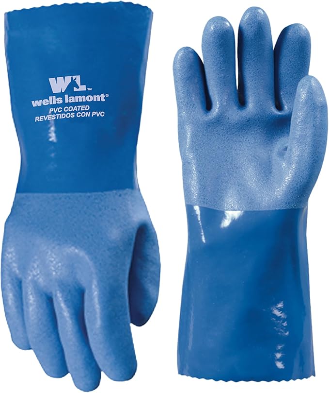 Wells Lamont Heavy Duty Rubber Gloves with PVC Coating, Chemical and Abrasion Resistant, Waterproof, 12-Inch Cuff, Large, Blue (174L)