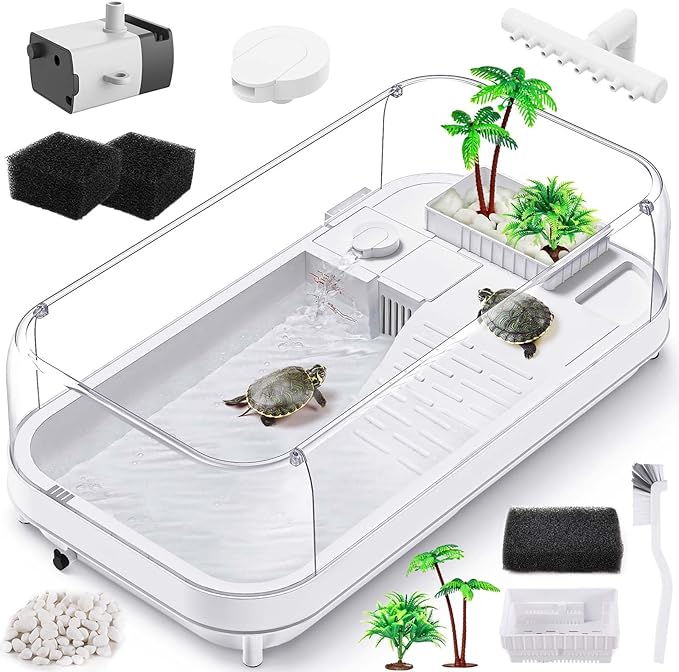 Moonorange Large Turtle Tank with Water Pump, Acrylic Turtle Tank Starter Kit with Heightened and Curved Fences, Multi-Function Areas, Bottom Drainage