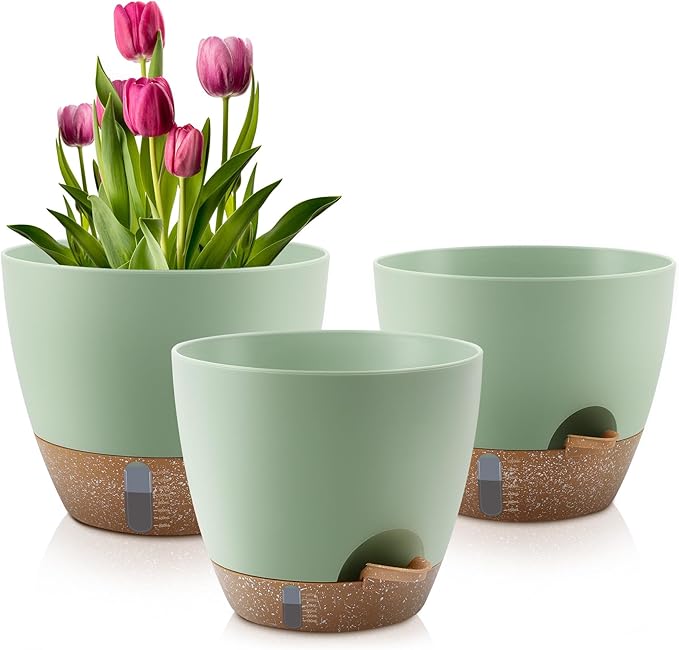 Self-Watering Plant Pots with Water Level Indicator, Drainage Holes & Saucers – 12/10/9 Inch Large Plastic Planter Set for Indoor & Outdoor Plants (Green)