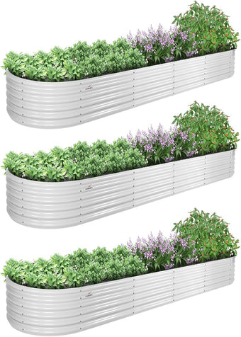 A ANLEOLIFE 3 Pcs 12X3X1.5 ft Oval Extra Large Galvanized Raised Garden Beds Outdoor for Planting Vegetables Flowers Herb, Antique White