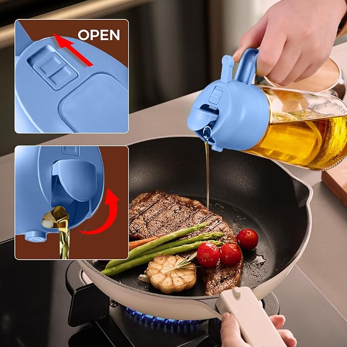 YARRAMATE 16oz/470ml Glass Olive Oil Sprayer for Cooking with Stickers, 2 in 1 Oil Dispenser for Kitchen Gadgets, Food Grade Premium Spray Bottle with Portion Control for Salad, BBQ(SkyBlue)