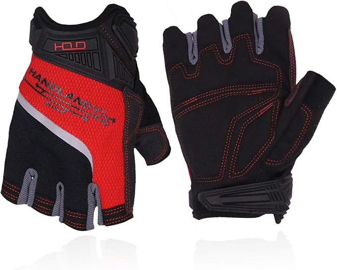 HANDLANDY Fingerless Work Gloves for Men and Women Utility Padded Half Finger Driving Working Gloves (XX-Large, Red)