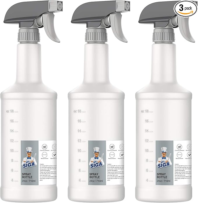 MR.SIGA 24 oz Empty Plastic Spray Bottles for Cleaning Solutions, Heavy Duty Household Reusable Spray Bottles with Measurements and Adjustable Leak Proof Nozzle, 3 Pack