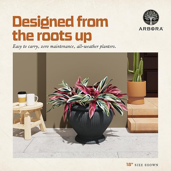 ARBORA 18" Cannes Urn Polyresin Indoor and Outdoor Planter with Classic Black Finish - Durable, Weatherproof, Lightweight, Large Plant Pot for Patio, Garden, Deck, Entryway