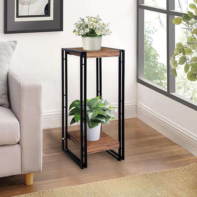 fusehome 27.5 inch Tall Plant Stand Table, 2 Tier Plant Shelves Indoor Flower Pots Stand Holder Modern Corner Plant Stand Rack Shelves Square Plant Tables for Office Living Room, Balcony, Brown