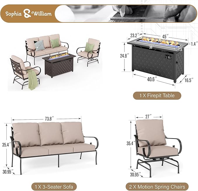 Sophia & William 4 Piece Outdoor Patio Furniture Set, 5 Seats Patio Conversation Sets Clearance with 45" Gas Fire Pit Table x 1, 3-seat Sofa x 1, Rocking Chair x 2 for Porch Lawn, Beige