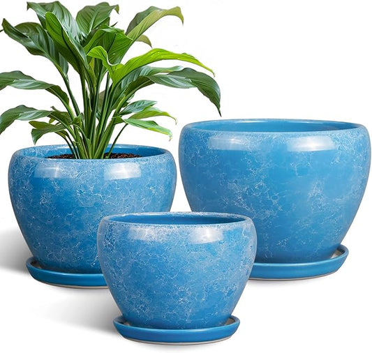 Ceramic Plant Pots - 10+8+6 Inch Modern Round Planters for Indoor Outdoor with Drainage Holes and Plant Saucers, Room Patio House Office Decor, Gardening Gifts for Women Men, Set of 3, Blue