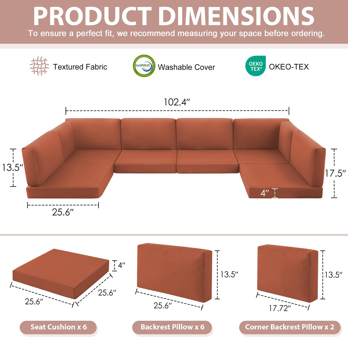 MuaMelop 14-Piece Patio Furniture Cushions Set, Replacement Outdoor Cushions for 6-Seat Patio Sectional, Waterproof & Fade Resistant Deep Seat Cushion for Outdoor Sofa, Spice