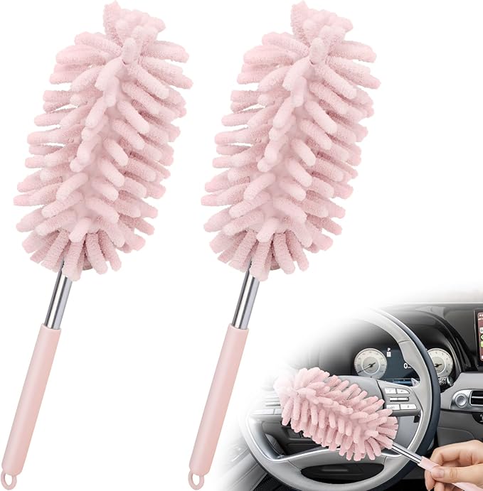 2 PCS Car Interior Duster with Extension Pole, Microfiber Car Duster with Bendable Head, Cars Dusters Exterior&Interior Scratch Free, for Cleaning of Vehicle Details, Offices, Windows(Pink)