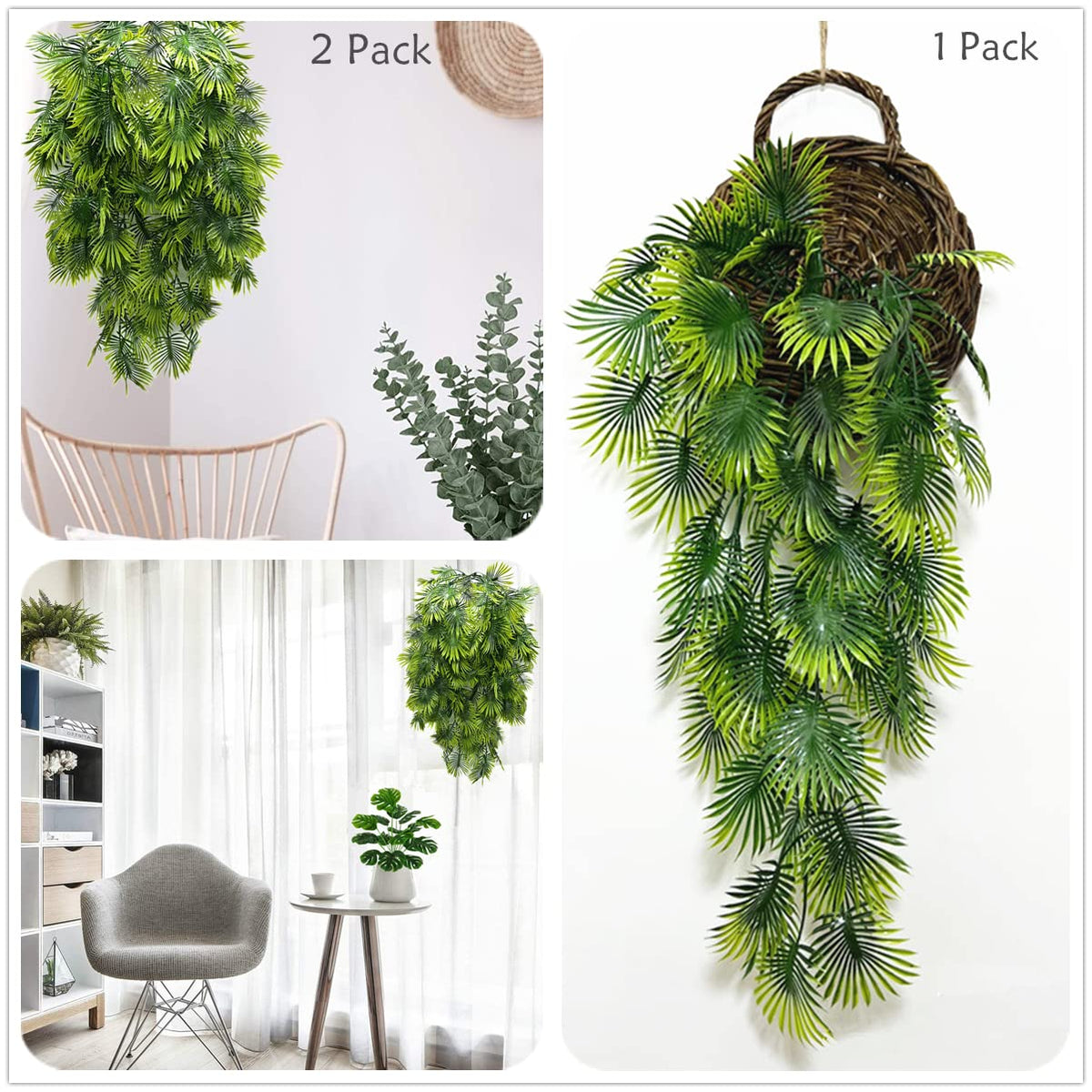 PASYOU Artificial Hanging Vines Plants, Fake Tropical Ivy Plant Faux Greenery Fan Leaves Vine Plastic Foliage Boston Fern Leaf for Indoor Outdoor Garden Wedding Party Christmas DIY Decoration 4 Pack