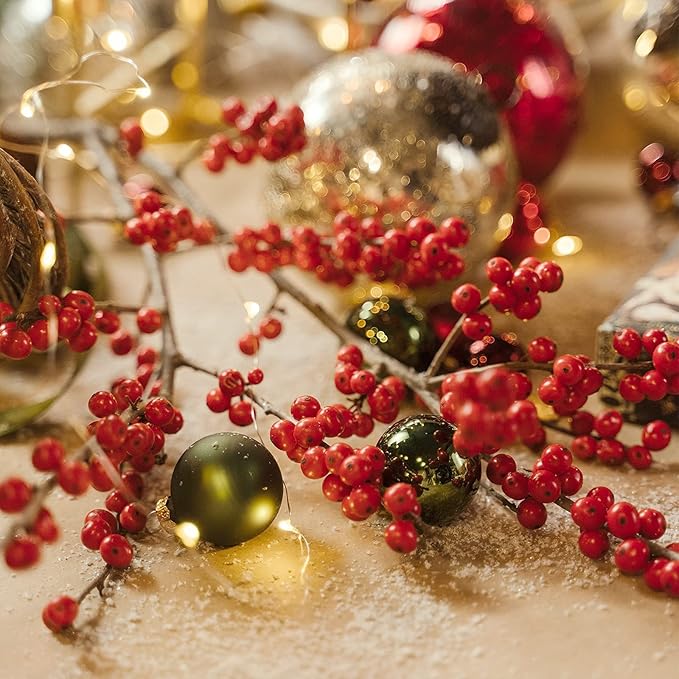 GREENTIME 16 Pack Artificial Red Berry Stems Holly for Christmas Tree Decorations for New Year's Eve Decor, Holiday and Home Crafts for Fall Thanksgiving Day