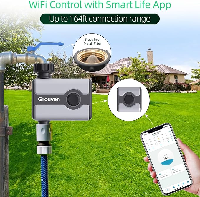 WiFi Sprinkler Timer Brass Inlet Water Timer for Outdoor Lawn & Garden APP Remote Control via 2.4Ghz WiFi and Bluetooth, Easy Faucet Installation, Smart Automatic Irrigation System