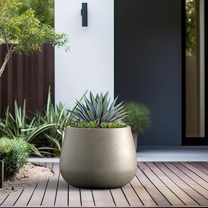 Kante Curva Series Planter, 14.8 Inch Round Concrete Garden Pot with Draiange Hole and Rubber Plug, Suitable for Indoor Plants, Home, Garden, Patio, Weathered Concrete