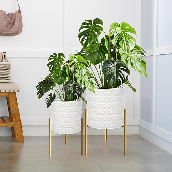 ARNIS Modern Planter Pots, Set of 2 Large Planters with Stand, Decorative Planters, Metal Pots with Drainage Holes for Living Room, Office, Garden or Balcony, 10.5 &12.25 Inch, Matte White