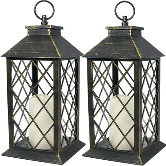 Bright Zeal 2-Pack 13.5" Vintage Candle Lantern with LED Candle (Distressed Gold, 6hr Timer) - IP44 Waterproof Outdoor Hanging Lanterns Battery Powered - Tabletop Lantern Decorative Home Lanterns