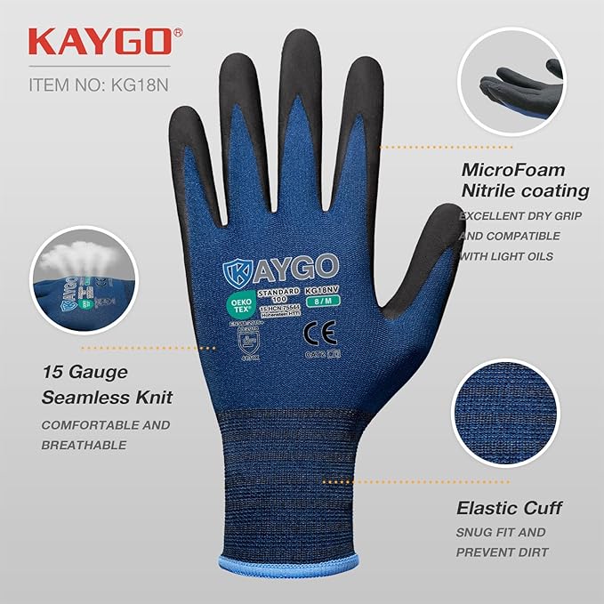 KAYGO Safety Work Gloves MicroFoam Nitrile Coated, 3 Pairs KG18NB,Seamless Knit Nylon Glove for Men and Women, Ideal for Automotive,Warehouse,Construction (XL, Dark Blue)