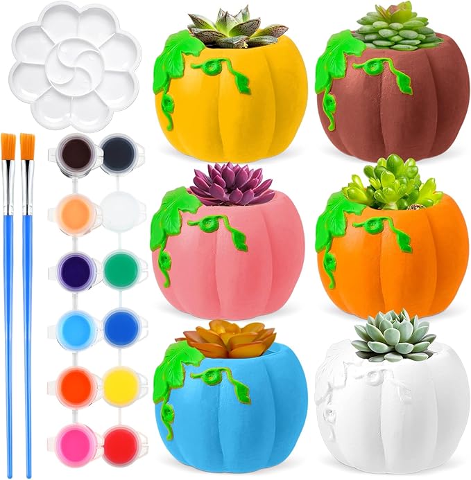 Pasimy 6 Set Ceramics to Paint DIY Ceramic Succulent Planter Pots Paint Your Own Flower Pots Craft Kit Unpainted Bisque Flowerpot with Brush Palette for Family Activity Holiday Gifts(Pumpkin)