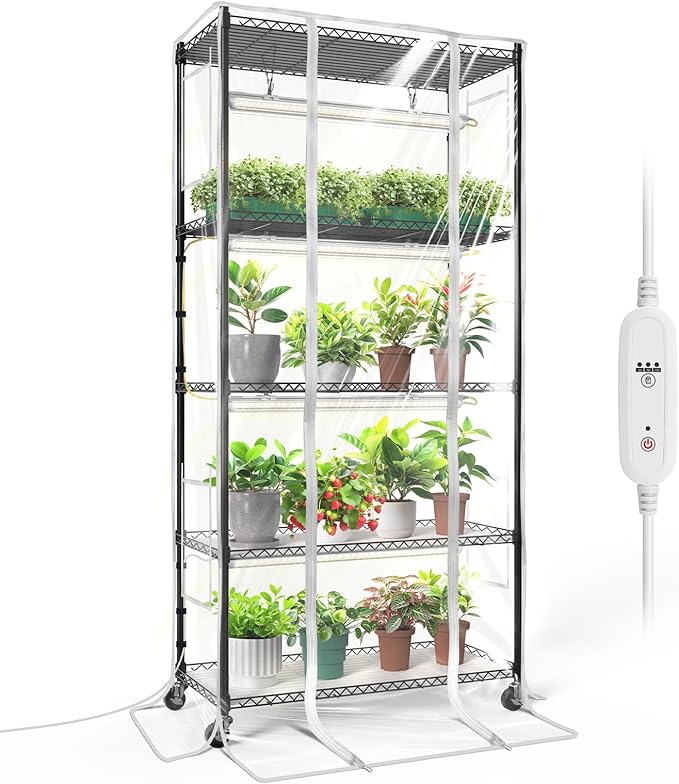 Bstrip Indoor Greenhouse with Grow Light, Mini Green house with 4 Pack T8 Full Spectrum Plant Lights with Timer, Plant Shelf with Tent for Indoor Plant, Seed Starting, Seed Tray, 29.5"x13.8"x59"