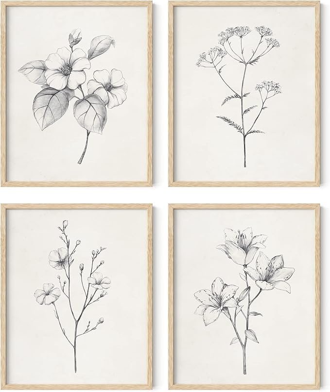 HAUS AND HUES Grey Floral Wall Art - Set of 4 Plant Posters for Wall Vintage, Botanical Prints, Black and White Flower Pictures for Room Aesthetic, Farmhouse Bathroom, Rustic Art (Beige Frame, 16x20)