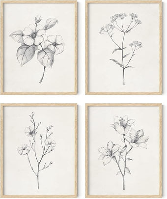 HAUS AND HUES Grey Floral Wall Art - Set of 4 Plant Posters for Wall Vintage, Botanical Prints, Black and White Flower Pictures for Room Aesthetic, Farmhouse Bathroom, Rustic Art (Beige Frame, 16x20)