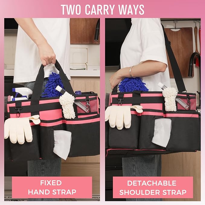 Wearable Cleaning Caddy, Cleaning Caddy Supplies Organizer with Handle & Shoulder Straps for Housekeepers, Under Sink & Car Cleaning Tool Organizers Bag with 4 Foldable Divider (OleanderRed)