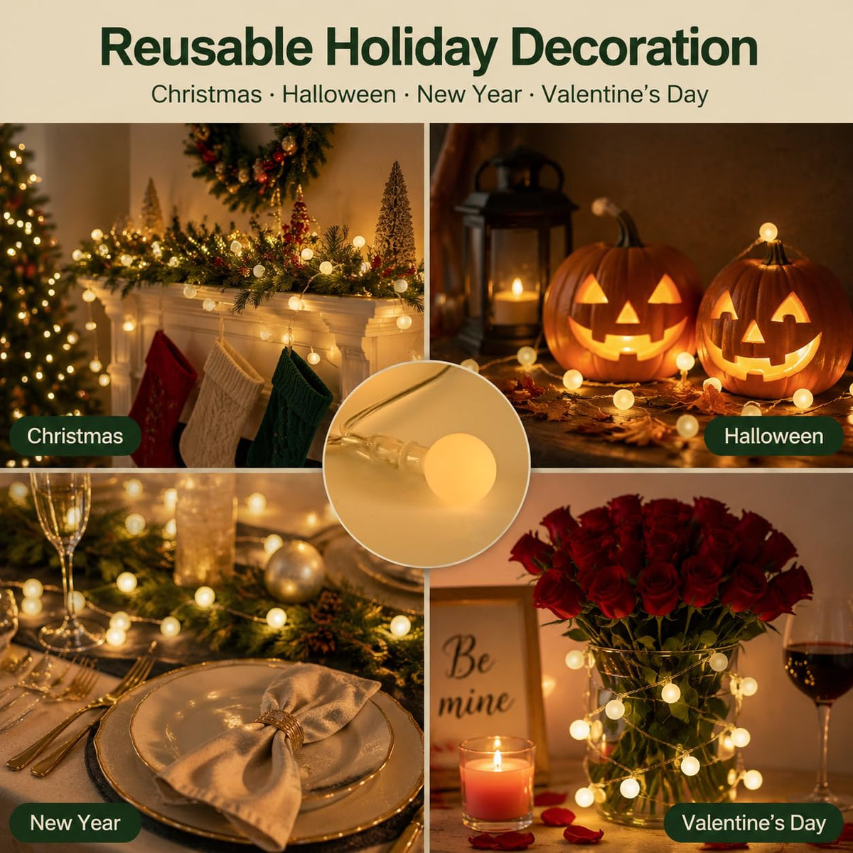 HelixBeam Warm Globe LED String Lights Indoor Bedroom 33FT 100LED Remote