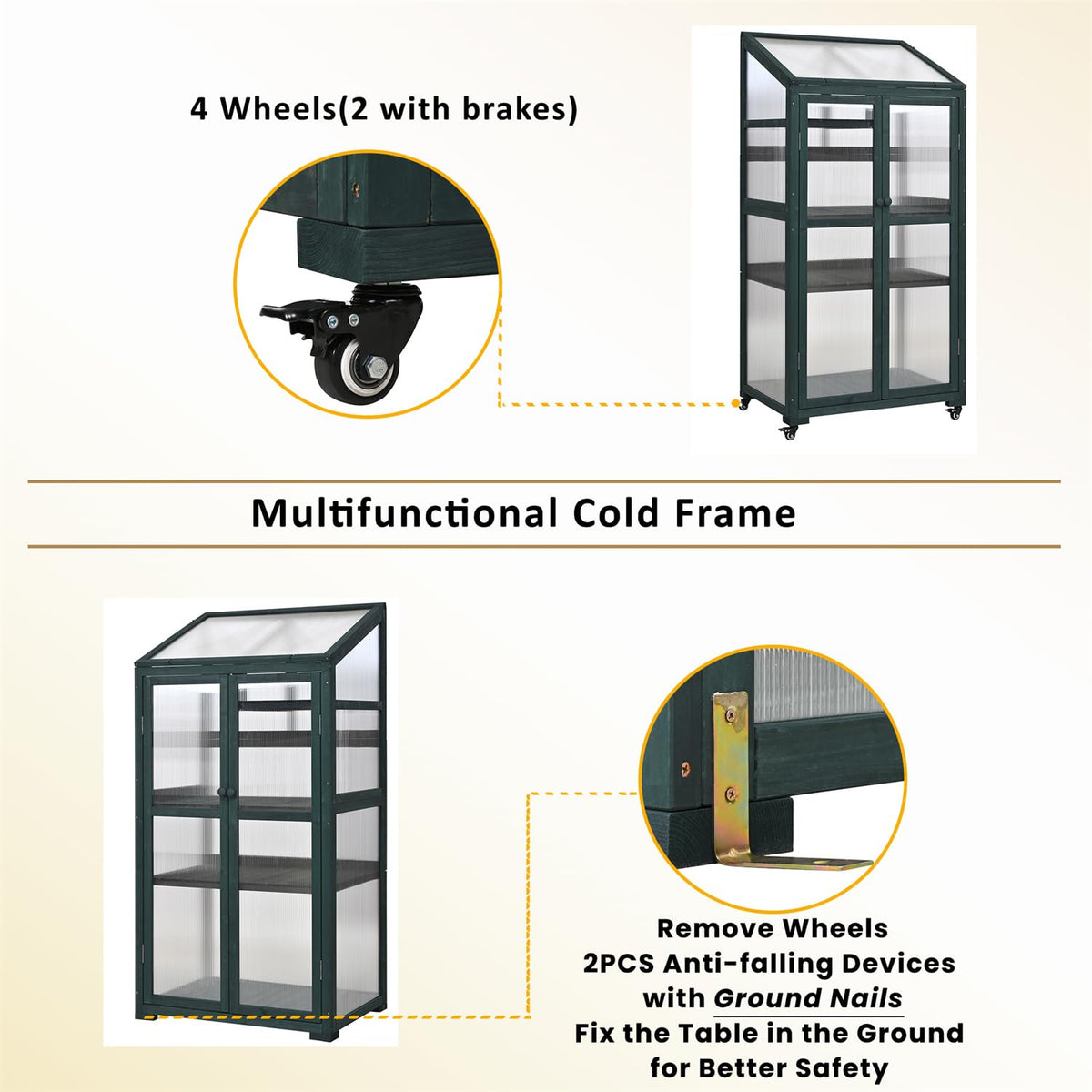 Polibi Wooden Greenhouse, Cold Frame Portable Greenhouse with Wheels and Adjustable Shelves for Indoor Outdoor Patio Balcony Garden, 31.5" Lx22.4 Wx62 H, Forest Green