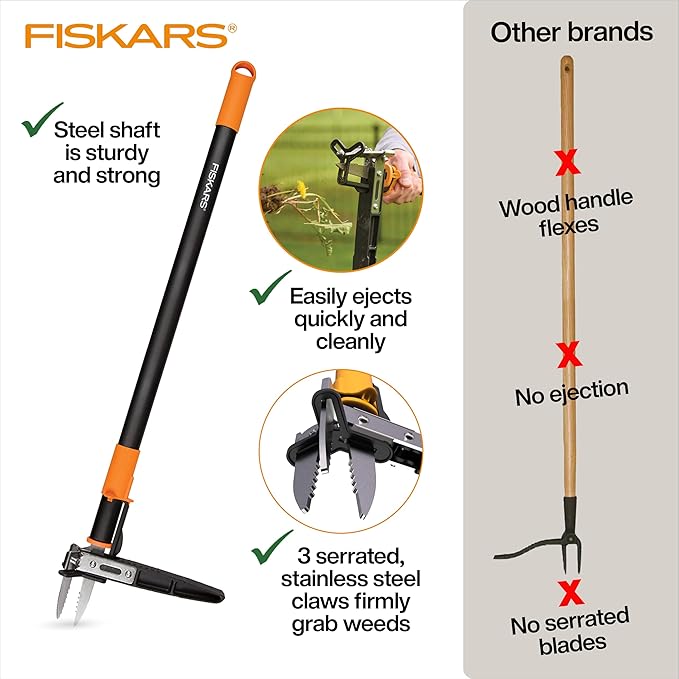 Fiskars 3-Claw Stand Up Weed Puller Tool, Gardening Weeder, Hand Weeding Tool with 39" Long Ergonomic Handle with Easy-Eject Mechanism