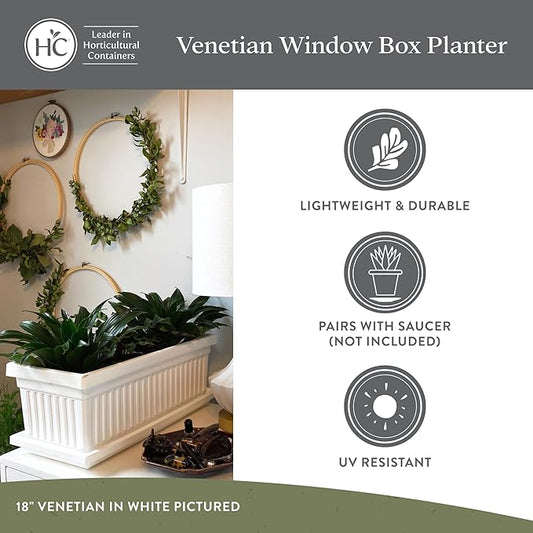 The HC Companies 18 Inch Venetian Window Planter Box with Drainage Plug, Lightweight UV-Resistant Plastic Indoor & Outdoor Planters, 2-Pack Flower Box for Garden & Home Decor, White