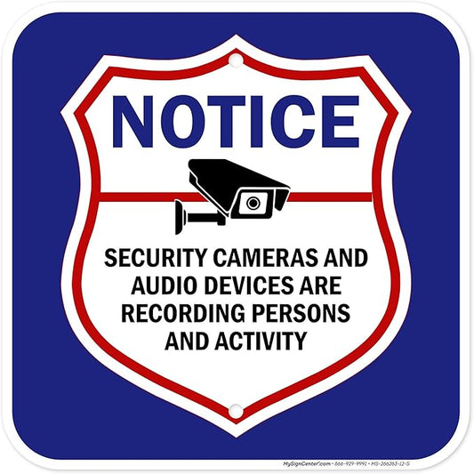 Notice Security Cameras And Audio Devices Are Recording Persons And Activity Sign, 12x12 Inches, Rust Free .040 Aluminum, Fade Resistant, Made in USA by My Sign Center