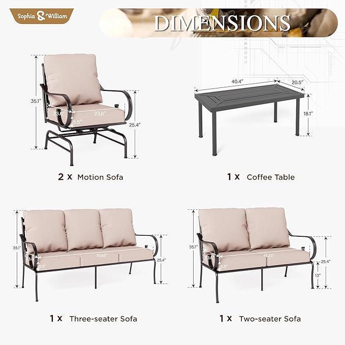 Sophia & William 5 Piece Patio Furniture Set Outdoor Couch Sofa, Sectional Conversation Sets 7 Seat with 3-seat Sofa x 1, Loveseat x 1, Rocking Chair x 2, Metal Coffee Table x 1 for Porch Lawn, Beige