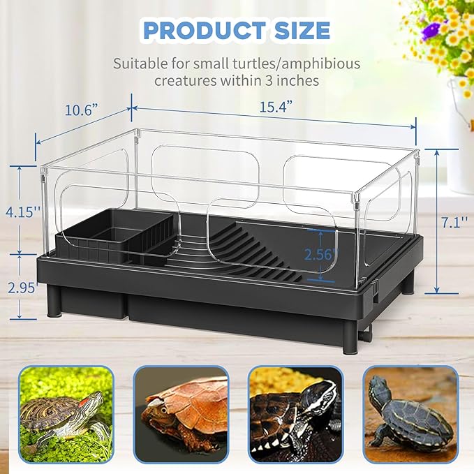 MoonOrange Small Turtle Tank, Aquarium, Acrylic Terrarium with Basking Platform, Bottom Drainage, Multi-Function Areas for Turtles, Crabs, Crayfish, Reptiles.(Black+Filter)