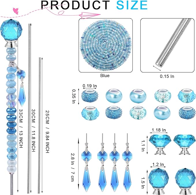 121 Pcs DIY Fairy Wand Beaded Garden Stakes Kit, Fairy Wands Garden Kit Blue Large Hole Bead with Sparkling Pendants Crystal Stopper Top Threaded Rod Beaded Garden Stakes Supplies Outdoor Decorative