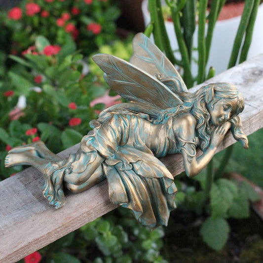 JARPSIRY Vintage Bronze Sleeping Fairy Statue Outdoor Garden Decor, 6.1" Resin Angel Figurine Home Shelf Sitter Yard Art Sculpture for Patio Lawn Porch Ornaments