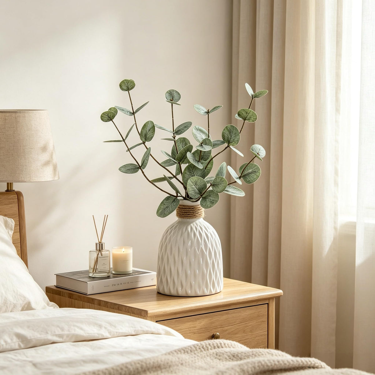 Fake Eucalyptus Plants 4 Stems in Ceramic Vase for Indoor Home Decor