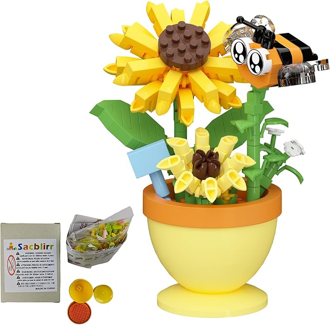 Sacblirr Mini Flower Bonsai with Cute Insects Sunflower bee - DIY Potted Plant Building Blocks for Kids and Adults, Botanical Collection Decor Toy