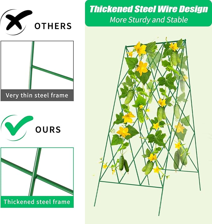 DoCred Cucumber Trellis, 2 Pack Metal Foldable A Frame Garden Trellis for Raised Bed Climbing Plants, Vegetables, Includes Plant Support Clips, Twist Ties, Plastic Ties, A Frame Trellis, Green