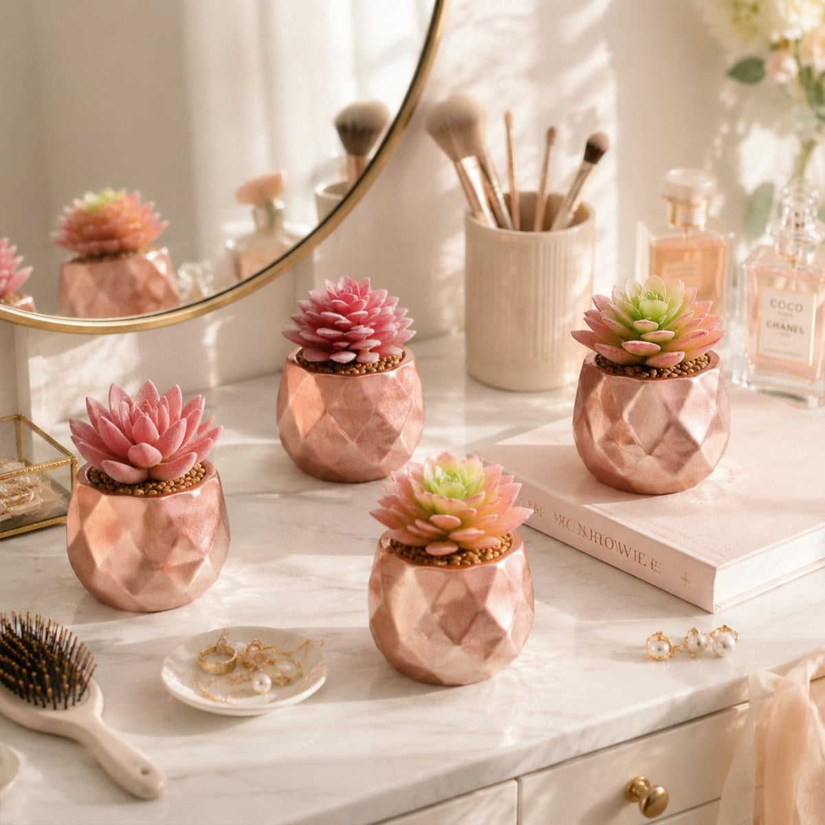 Tiita Mini Rose Gold Artificial Succulents in Pots, 4 Pack for Desk Decor