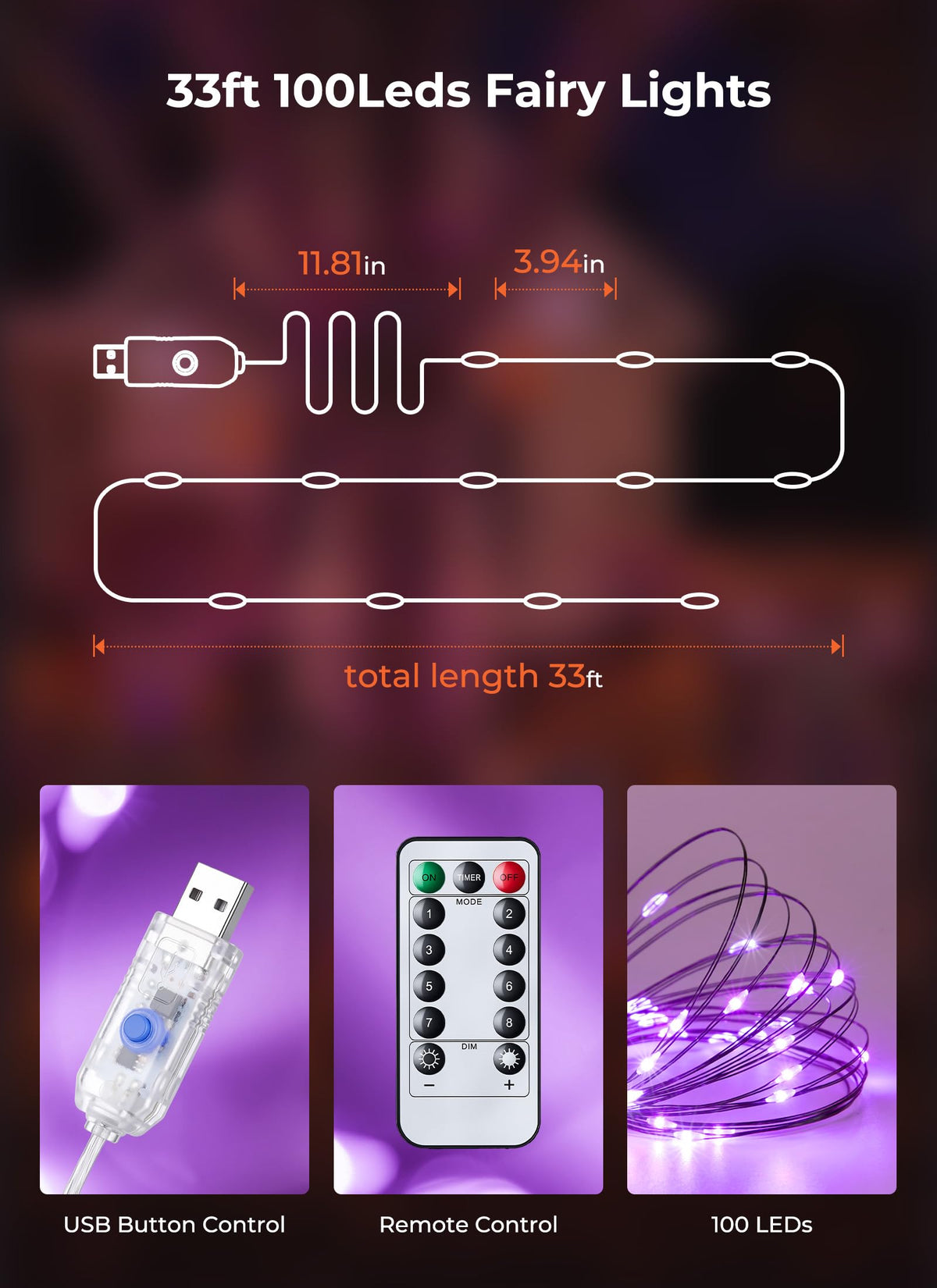 Minetom Halloween Fairy Lights Plug in, 33ft 100LED Twinkle String Lights